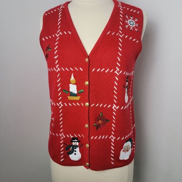 ☃️❄️ Red Holiday Embroidered Ugly Christmas Sweater Button Up Vest Size Medium - Picture 2 of 9